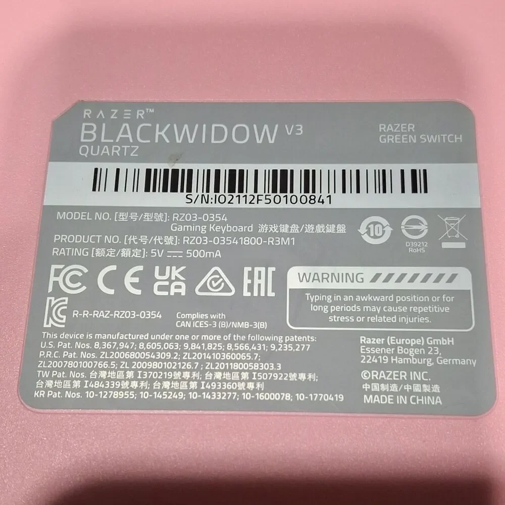Razer BlackWidow V3 Quartz Pink Wired Gaming Keyboard Green Switch QWERTY